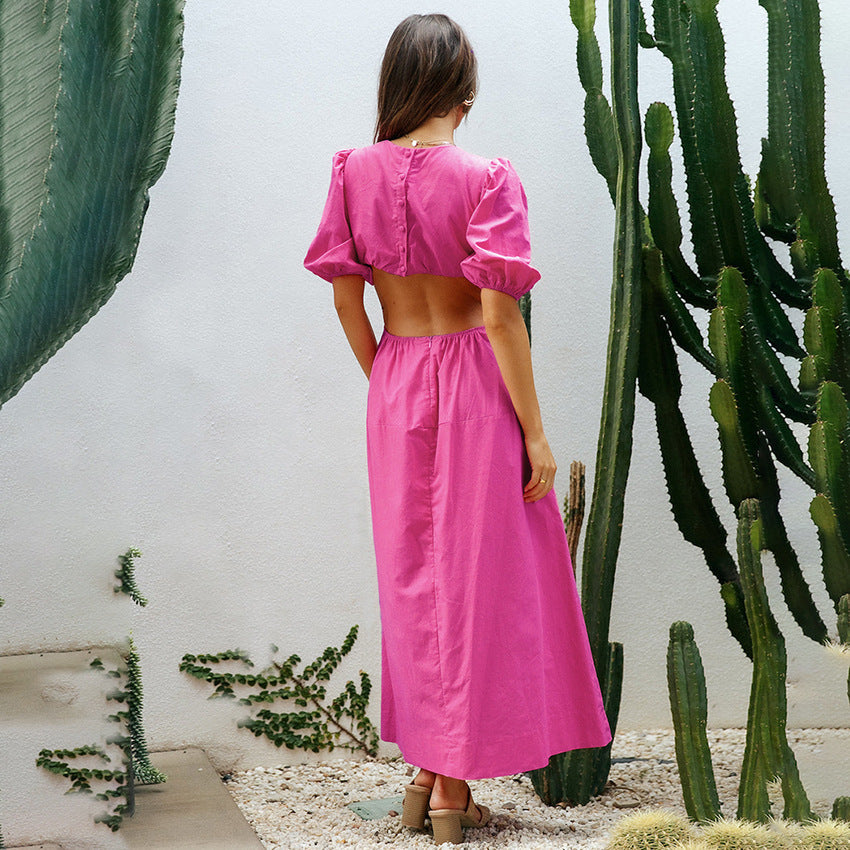 Vacation Style Dress Long Sense Asymmetric Commuter Puff Sleeve Elegant Women's Clothing