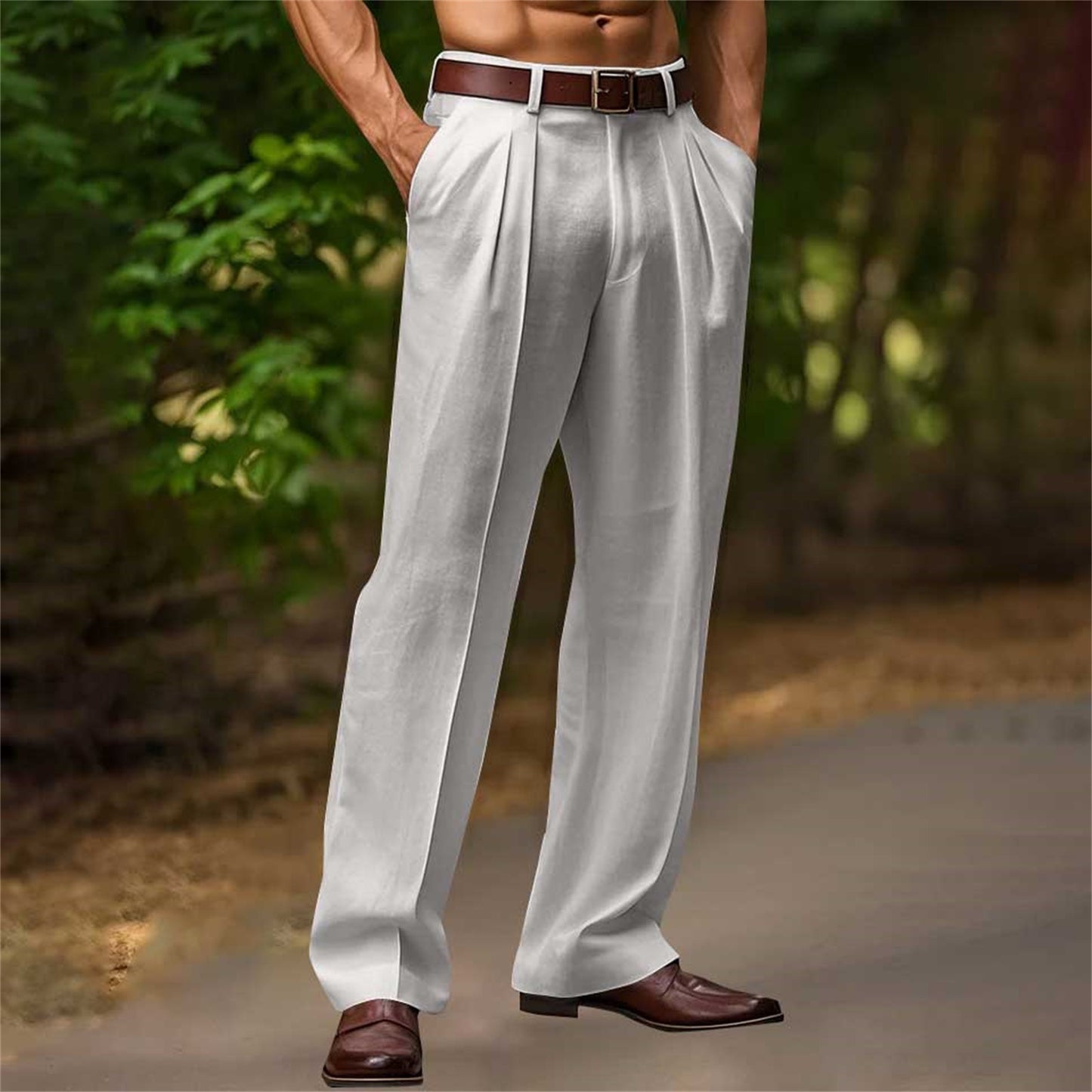 Slant Pockets Bifold Linen Solid Color Breathable And Loose Straight Men's Casual Pants