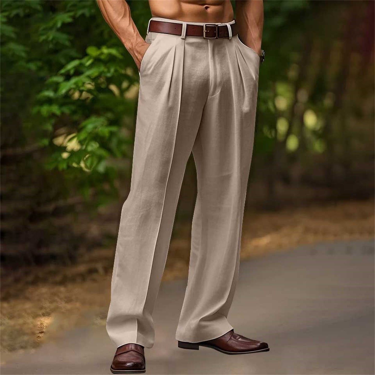Slant Pockets Bifold Linen Solid Color Breathable And Loose Straight Men's Casual Pants