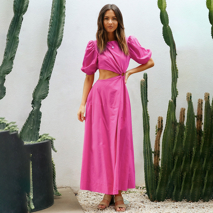 Vacation Style Dress Long Sense Asymmetric Commuter Puff Sleeve Elegant Women's Clothing