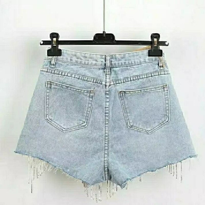 Summer Ripped Jeans High Waist Diamond Tassel Y2k Casual Bottoms for Ladies