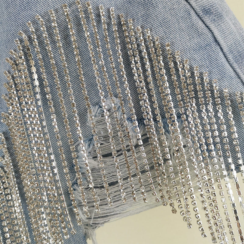Summer Ripped Jeans High Waist Diamond Tassel Y2k Casual Bottoms for Ladies