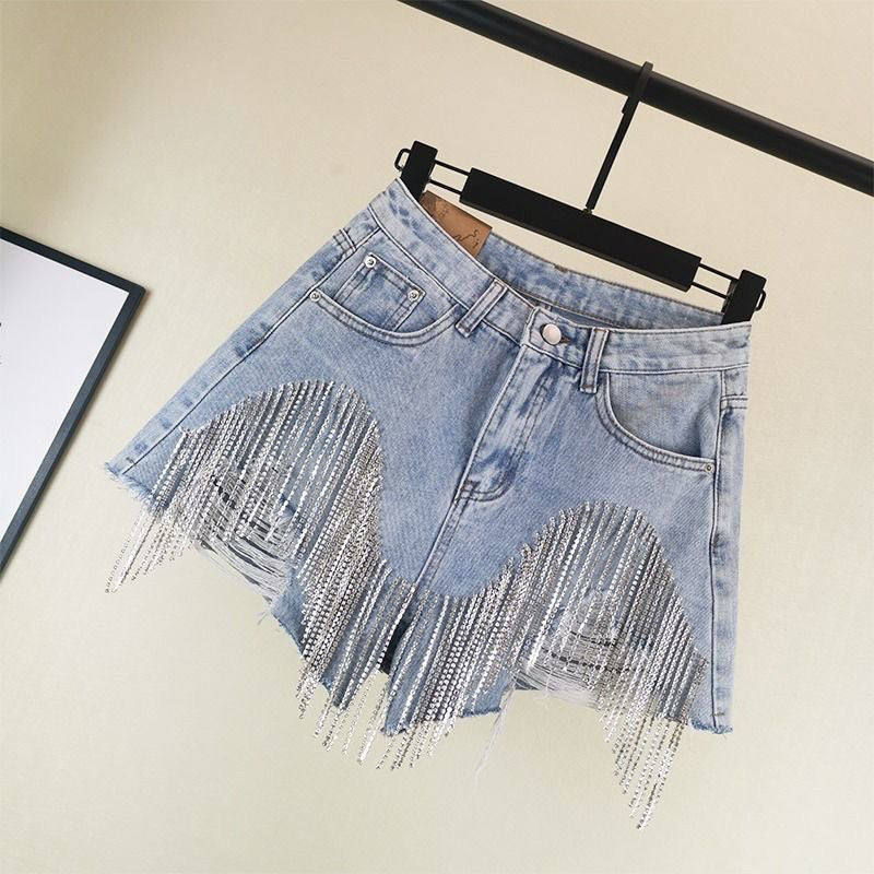Summer Ripped Jeans High Waist Diamond Tassel Y2k Casual Bottoms for Ladies