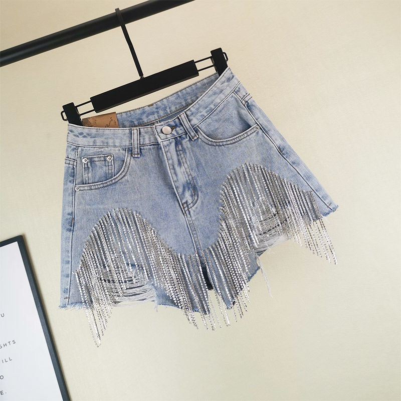 Summer Ripped Jeans High Waist Diamond Tassel Y2k Casual Bottoms for Ladies