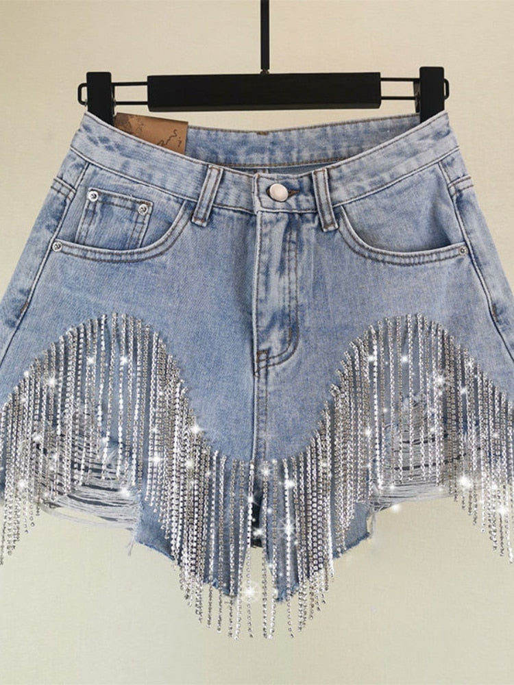 Summer Ripped Jeans High Waist Diamond Tassel Y2k Casual Bottoms for Ladies