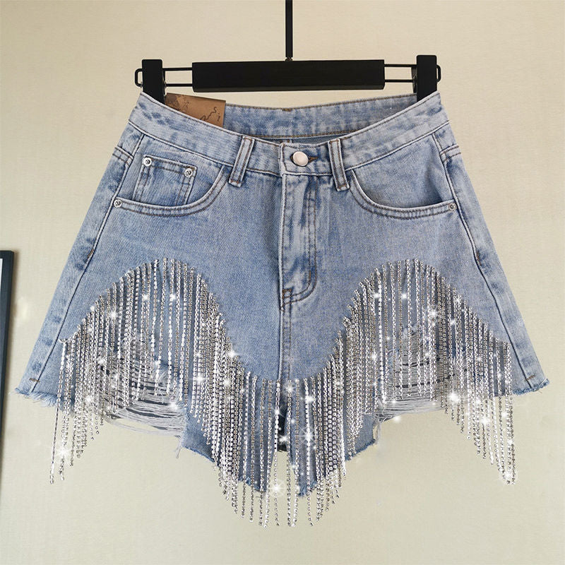 Summer Ripped Jeans High Waist Diamond Tassel Y2k Casual Bottoms for Ladies