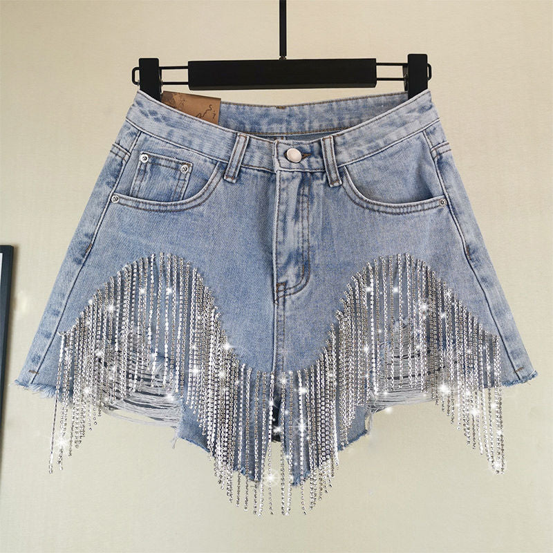Summer Ripped Jeans High Waist Diamond Tassel Y2k Casual Bottoms for Ladies