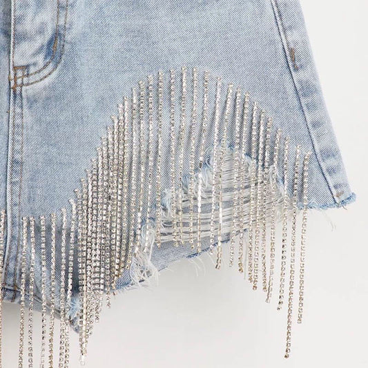 Summer Ripped Jeans High Waist Diamond Tassel Y2k Casual Bottoms for Ladies