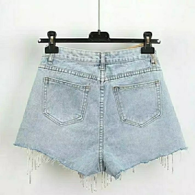 Summer Ripped Jeans High Waist Diamond Tassel Y2k Casual Bottoms for Ladies