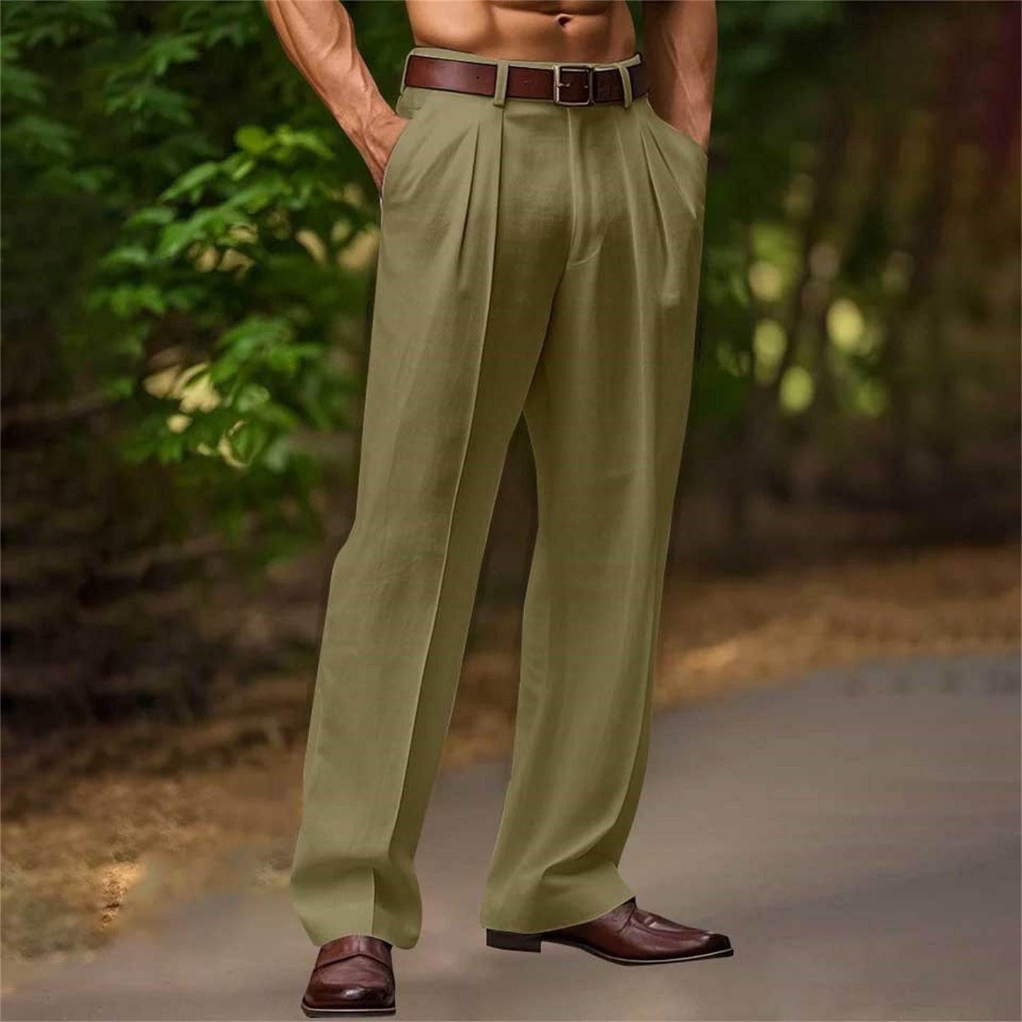 Slant Pockets Bifold Linen Solid Color Breathable And Loose Straight Men's Casual Pants