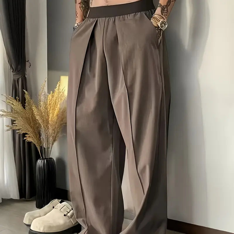 Simple Contrast Color Elastic Waist Casual Pants Men's Fashion Wide-leg Trousers