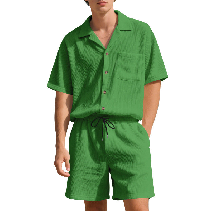 Summer Solid Color Vertical Stripes Short Sleeve Shorts