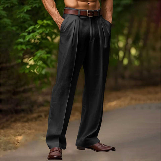 Slant Pockets Bifold Linen Solid Color Breathable And Loose Straight Men's Casual Pants