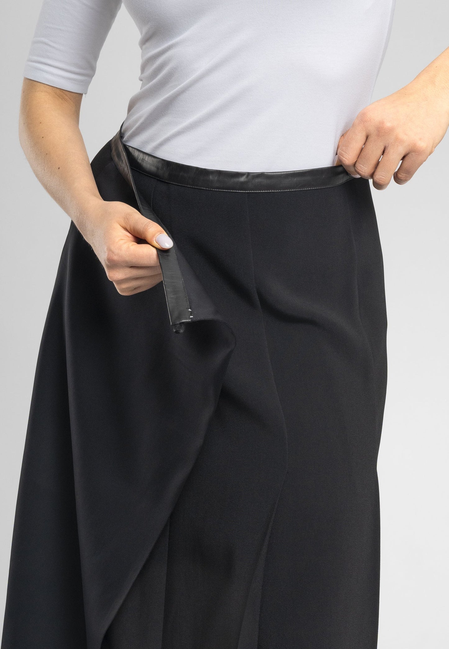 Masha Black a Line Split Midi Skirt - Chic Italian Viscose Fabric With Eco-Leather Waistband, Made in Italy