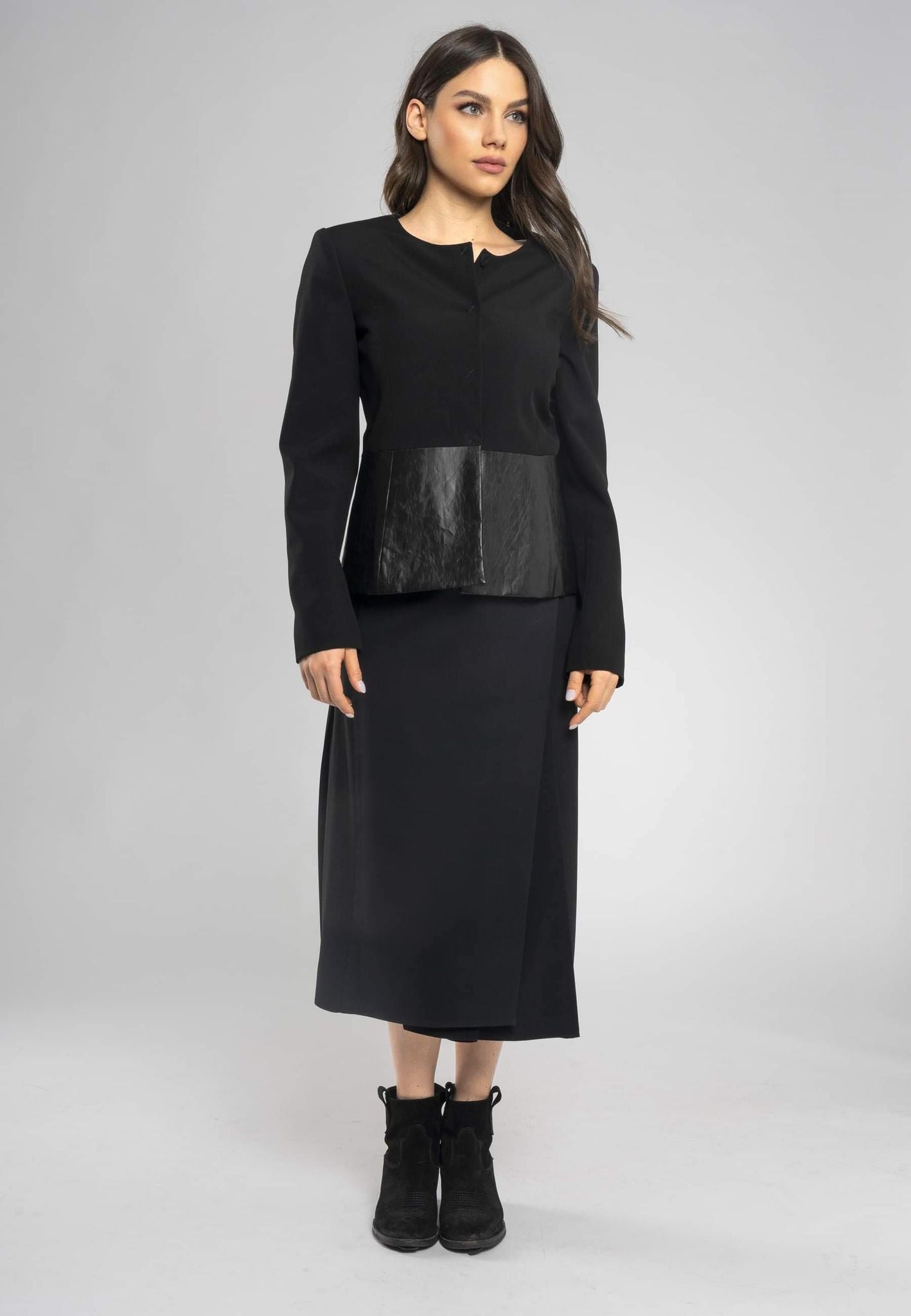 Masha Black a Line Split Midi Skirt - Chic Italian Viscose Fabric With Eco-Leather Waistband, Made in Italy