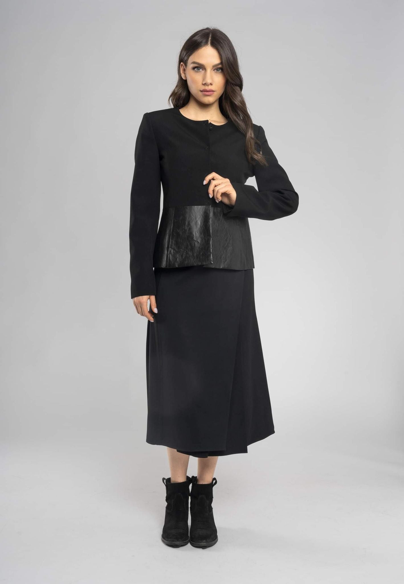 Masha Black a Line Split Midi Skirt - Chic Italian Viscose Fabric With Eco-Leather Waistband, Made in Italy