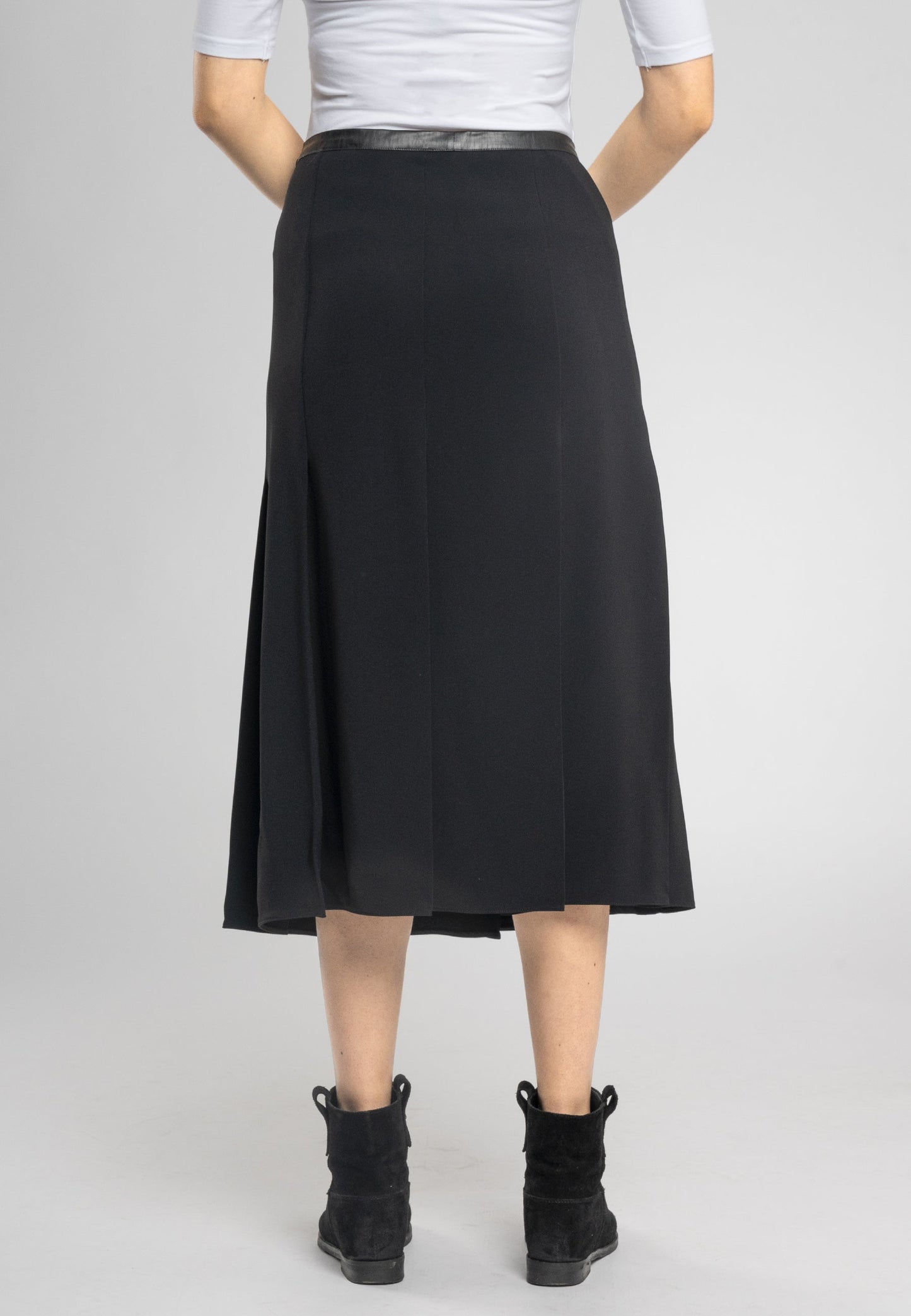 Masha Black a Line Split Midi Skirt - Chic Italian Viscose Fabric With Eco-Leather Waistband, Made in Italy
