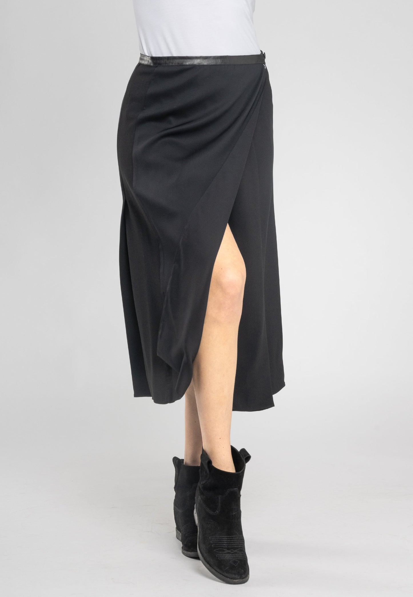 Masha Black a Line Split Midi Skirt - Chic Italian Viscose Fabric With Eco-Leather Waistband, Made in Italy
