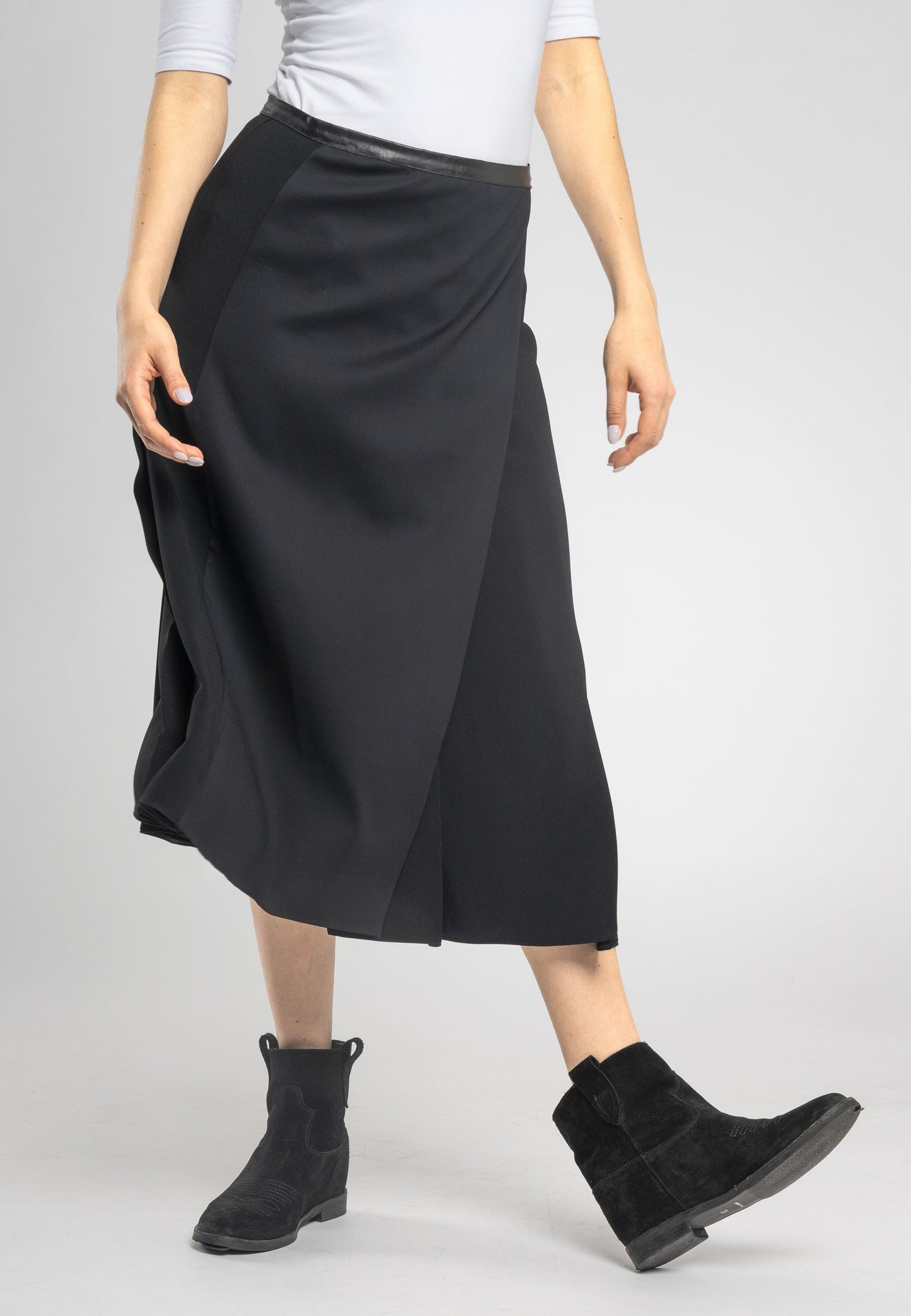Masha Black a Line Split Midi Skirt - Chic Italian Viscose Fabric With Eco-Leather Waistband, Made in Italy