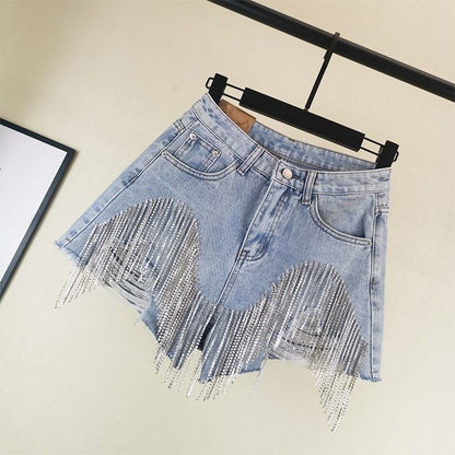 Summer Ripped Jeans High Waist Diamond Tassel Y2k Casual Bottoms for Ladies