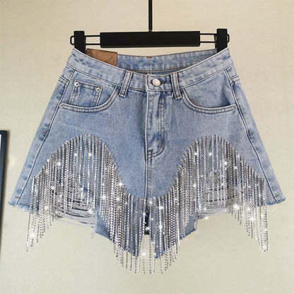Summer Ripped Jeans High Waist Diamond Tassel Y2k Casual Bottoms for Ladies