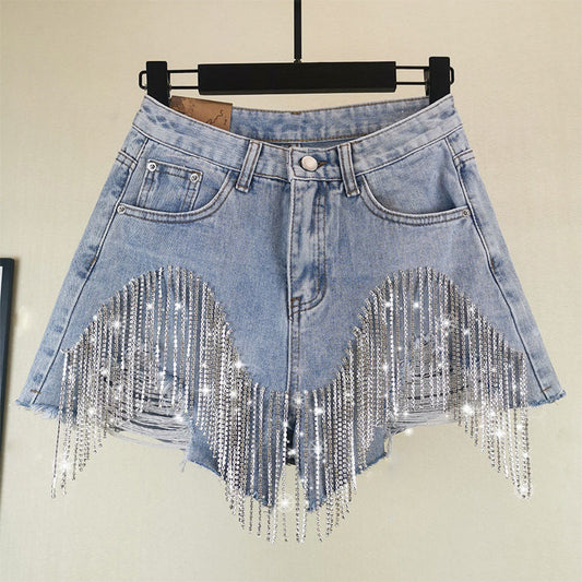 Summer Ripped Jeans High Waist Diamond Tassel Y2k Casual Bottoms for Ladies