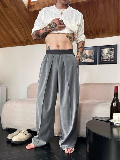 Simple Contrast Color Elastic Waist Casual Pants Men's Fashion Wide-leg Trousers
