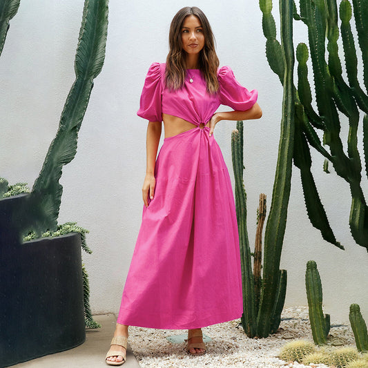 Vacation Style Dress Long Sense Asymmetric Commuter Puff Sleeve Elegant Women's Clothing