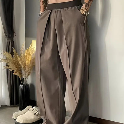 Simple Contrast Color Elastic Waist Casual Pants Men's Fashion Wide-leg Trousers