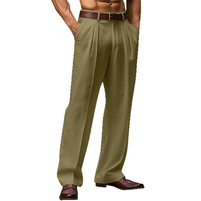 Slant Pockets Bifold Linen Solid Color Breathable And Loose Straight Men's Casual Pants